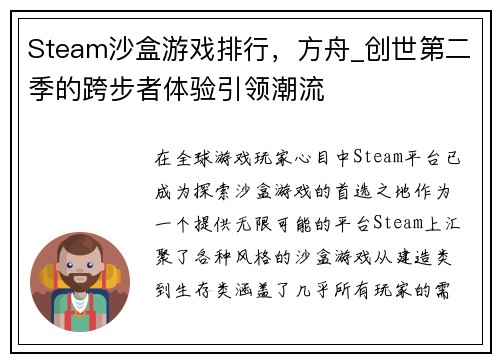 Steam沙盒游戏排行，方舟_创世第二季的跨步者体验引领潮流